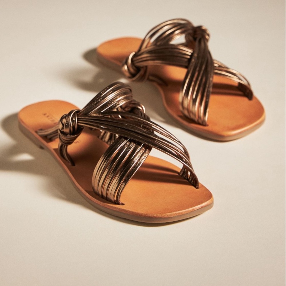 Anthropologie Metallic Bronze Knotted Slide Sandals